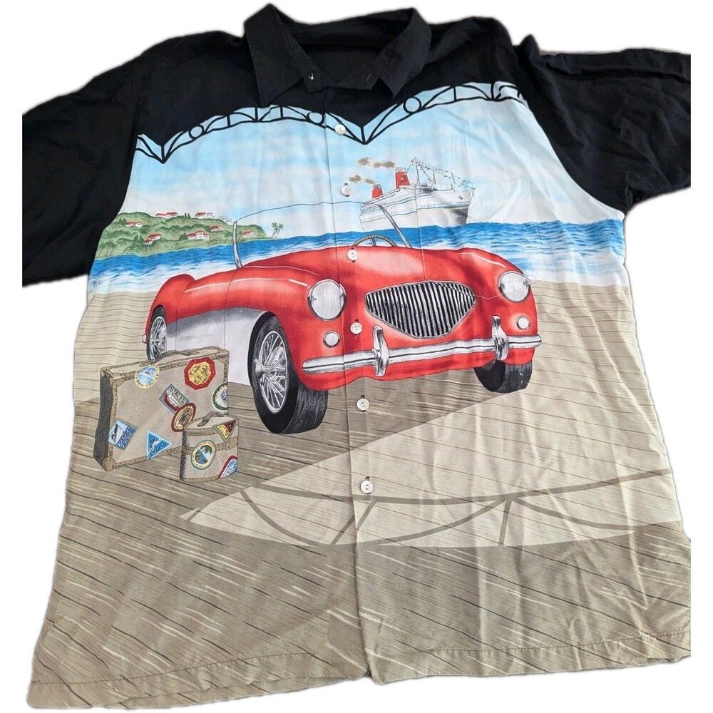 TORI RICHARD Shirt MEN XL Black SPORT CAR Tropical All Over Print Hawaiian Shirt